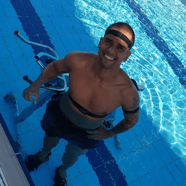 Customer with disability enjoying water workout